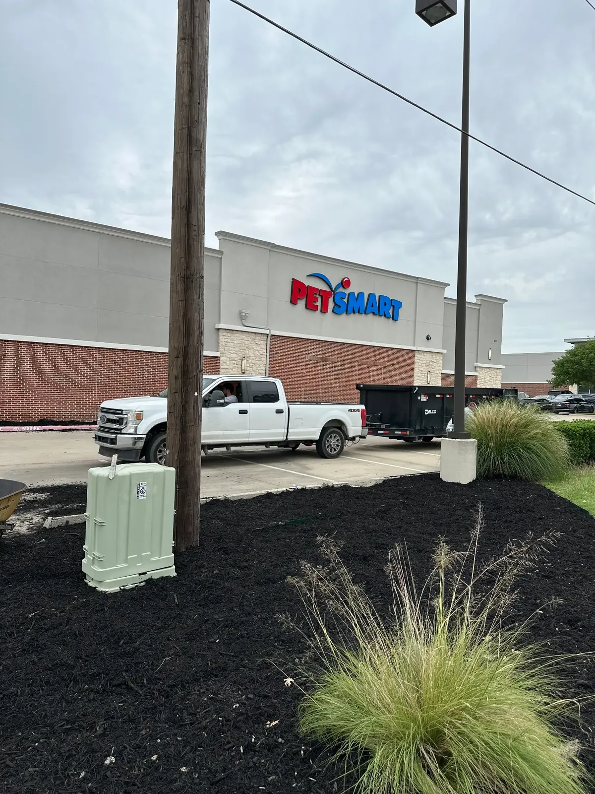Finished PetSmart island with fresh black mulch and ornamental grasses, Godoy's Wolves