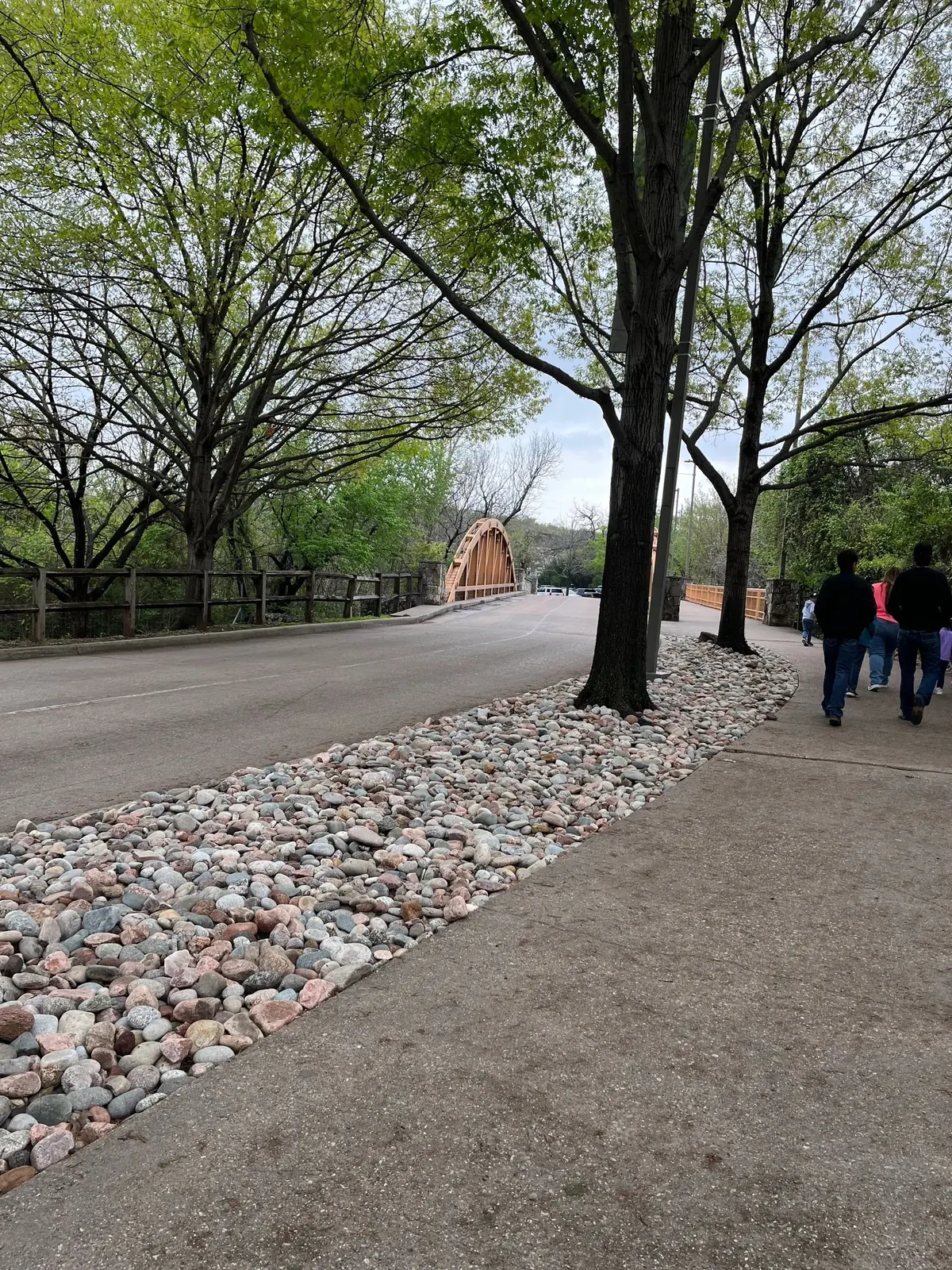 Sweeping river rock bed wrapping mature tree wells along a commercial promenade, DFW