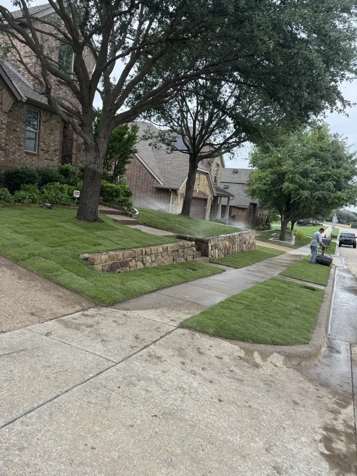 Finished tiered front yard with a stone retaining wall holding the slope and fresh sod above it