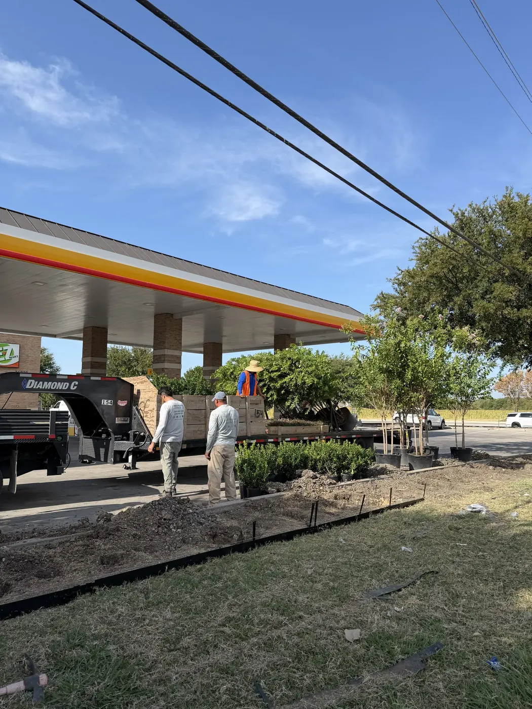 Crew unloading boxwood shrubs and crape myrtles from a flatbed trailer under the canopy of a fuel station, with the new bed excavated and steel edging staked out