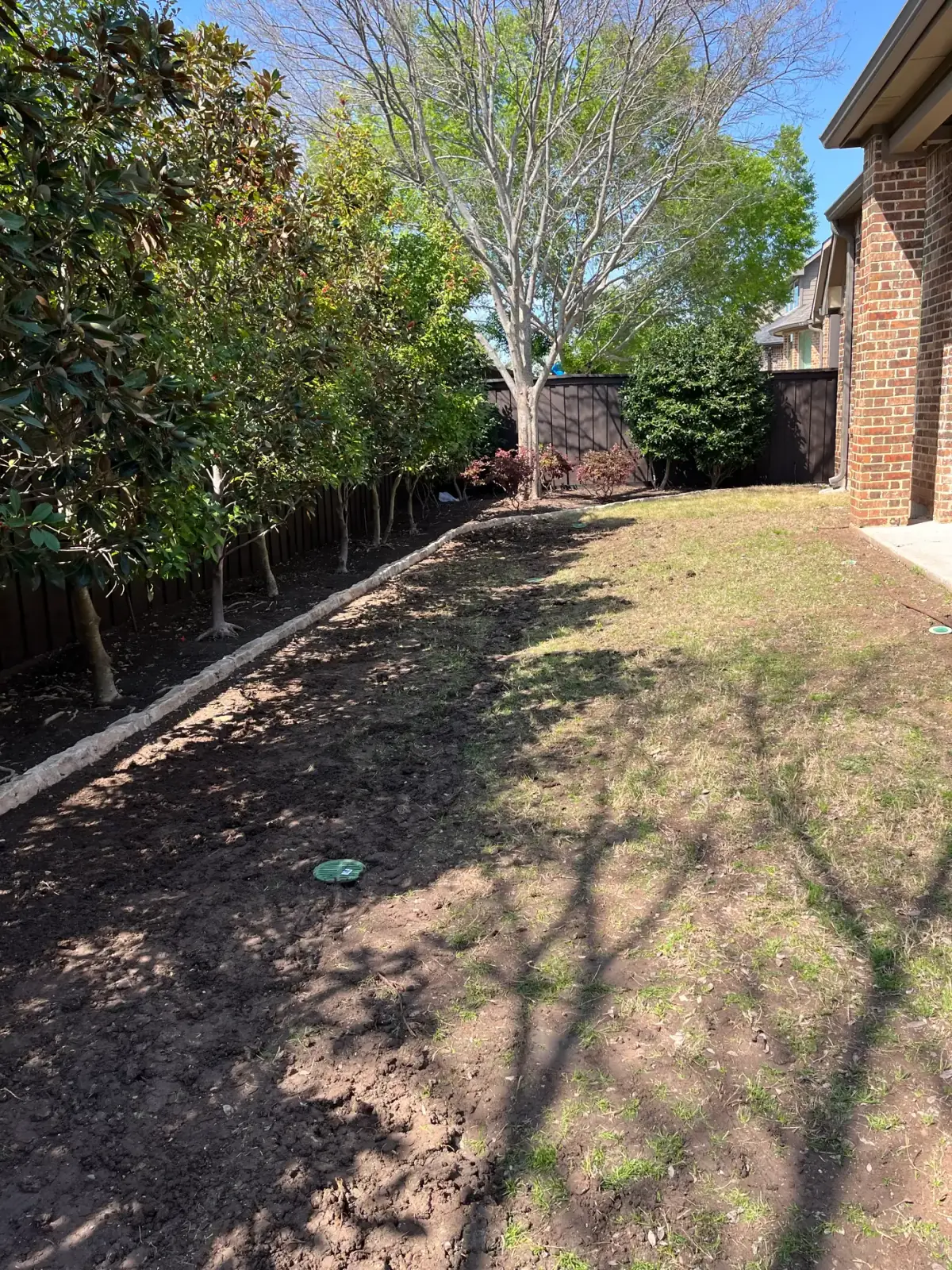 Backfilled drain run with an emitter lid set along the side of a brick home after installation