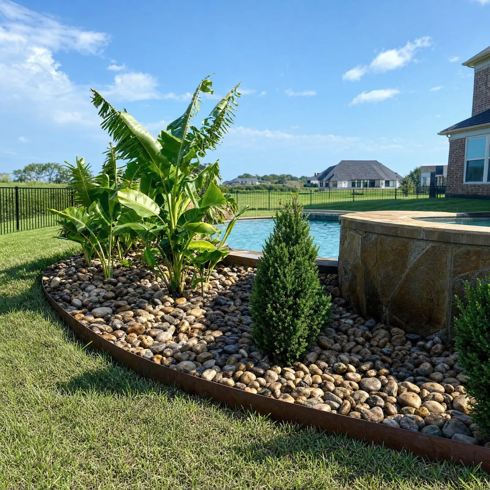 Rock garden bed with shrubs installed along a pool deck, Godoy's Wolves
