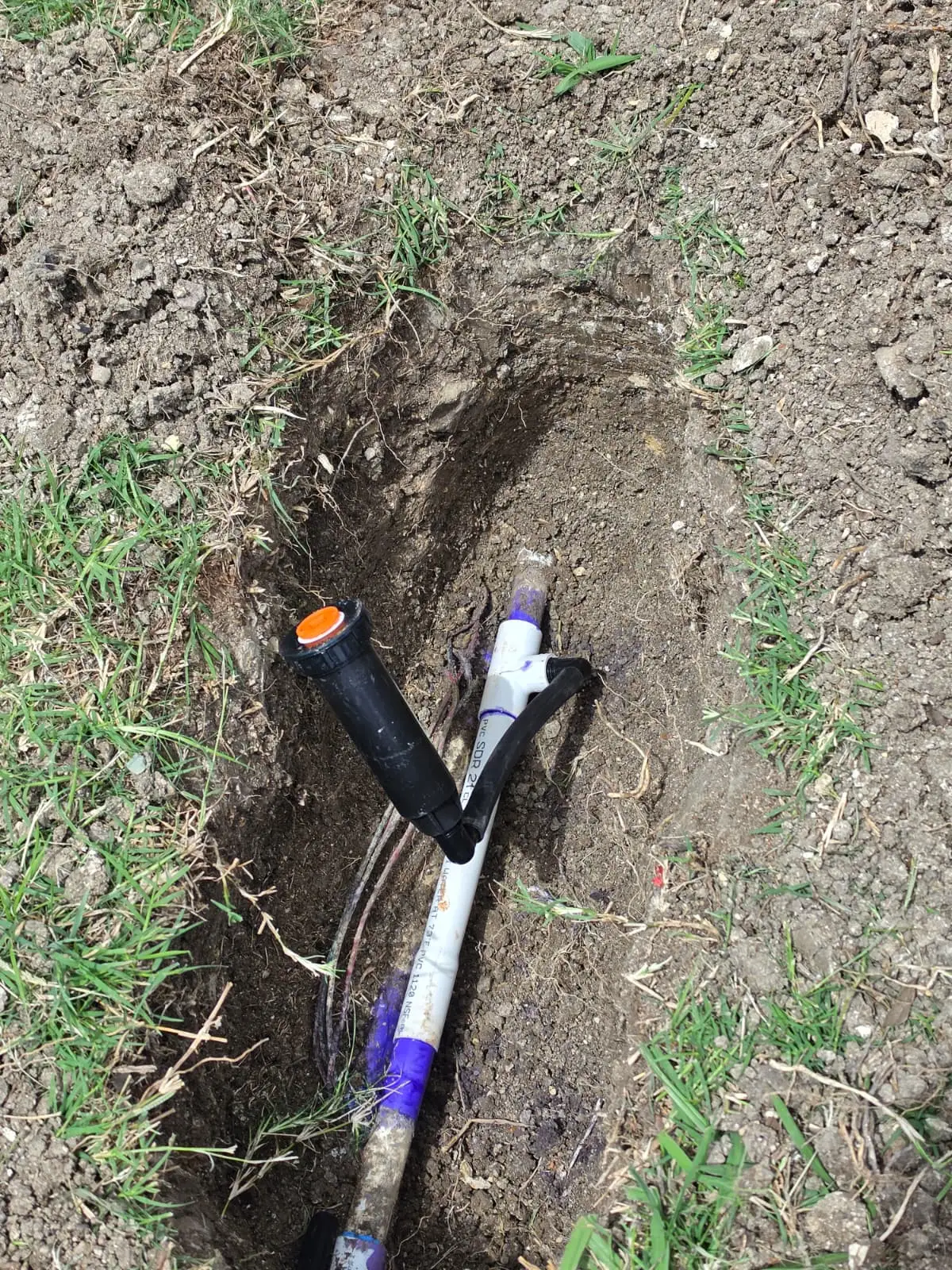 Swing joint and poly supply assembly fitted in an open trench during an irrigation repair