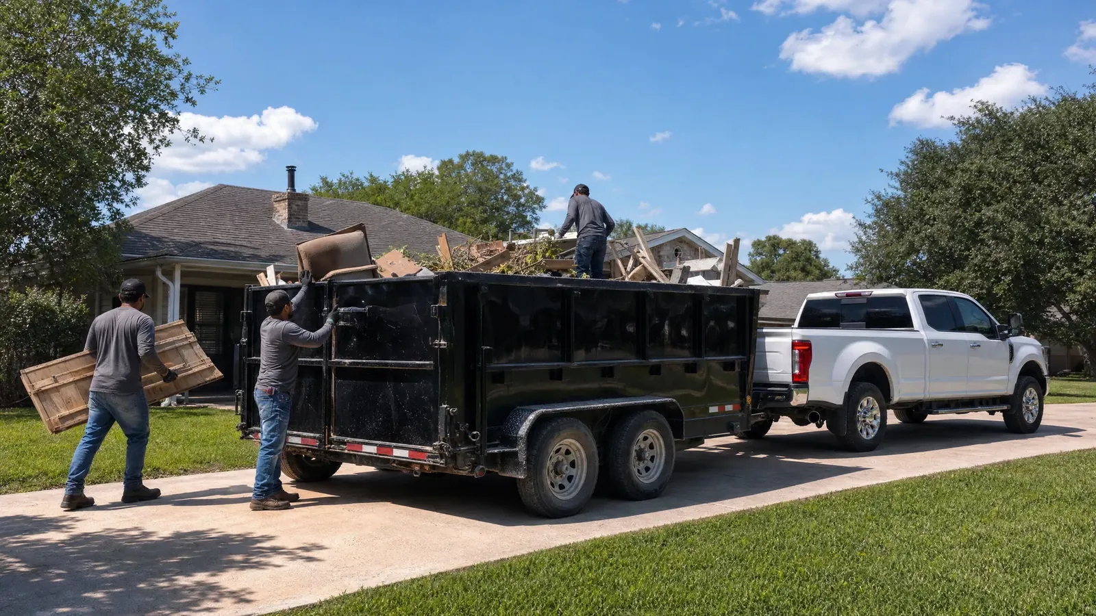 Godoy's Wolves work truck and trailer loaded for a hauling job, DFW