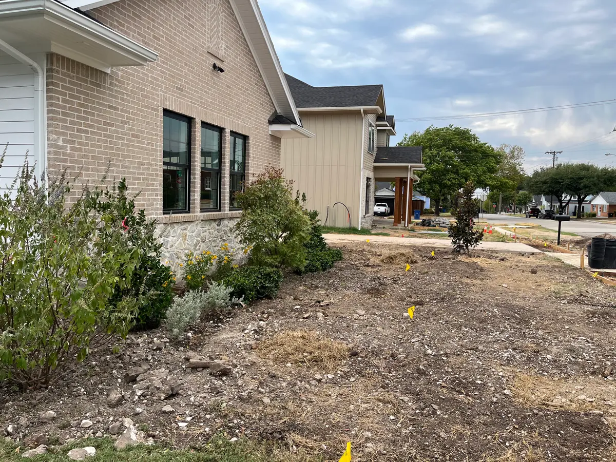 Foundation beds planted out with shrubs and a young magnolia set in the yard, the lawn area still rocky graded dirt with irrigation flags waiting on sod