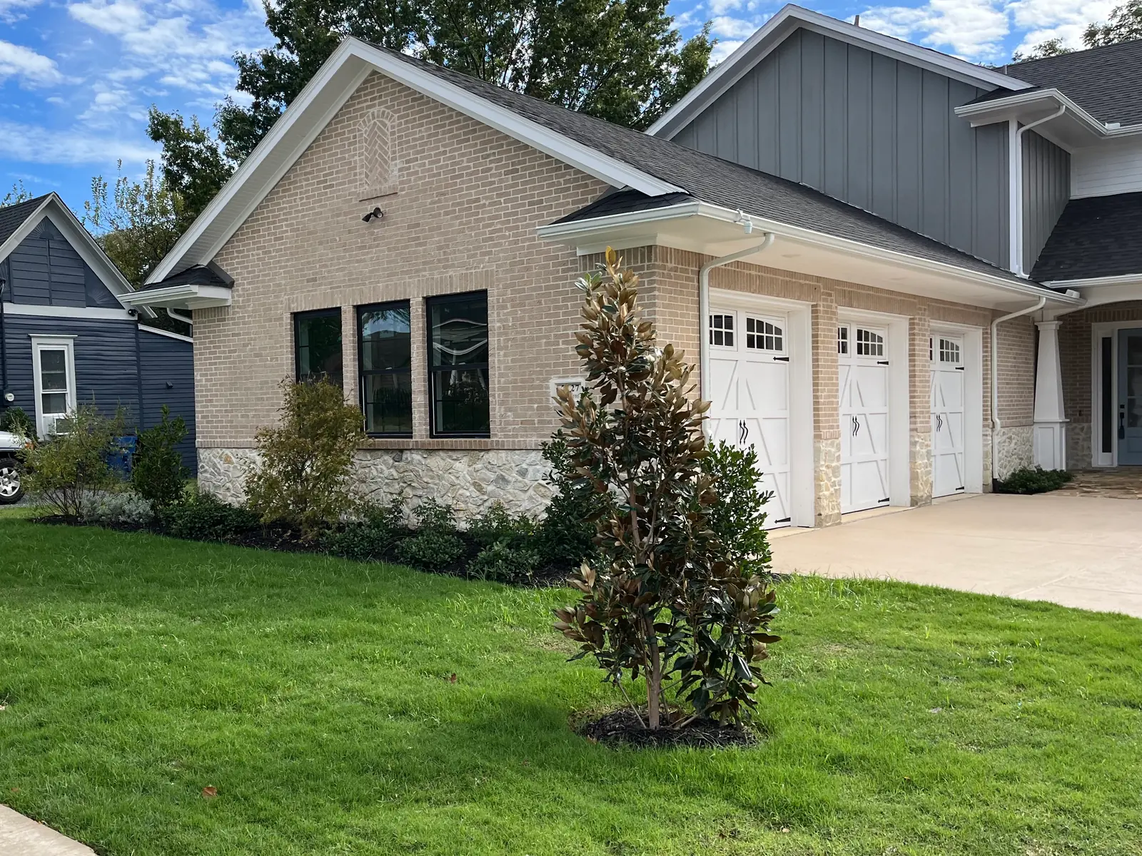 Finished front lawn on a new-construction home, established sod to the sidewalk, a young magnolia mulched in the yard and a clipped shrub bed running along the brick elevation