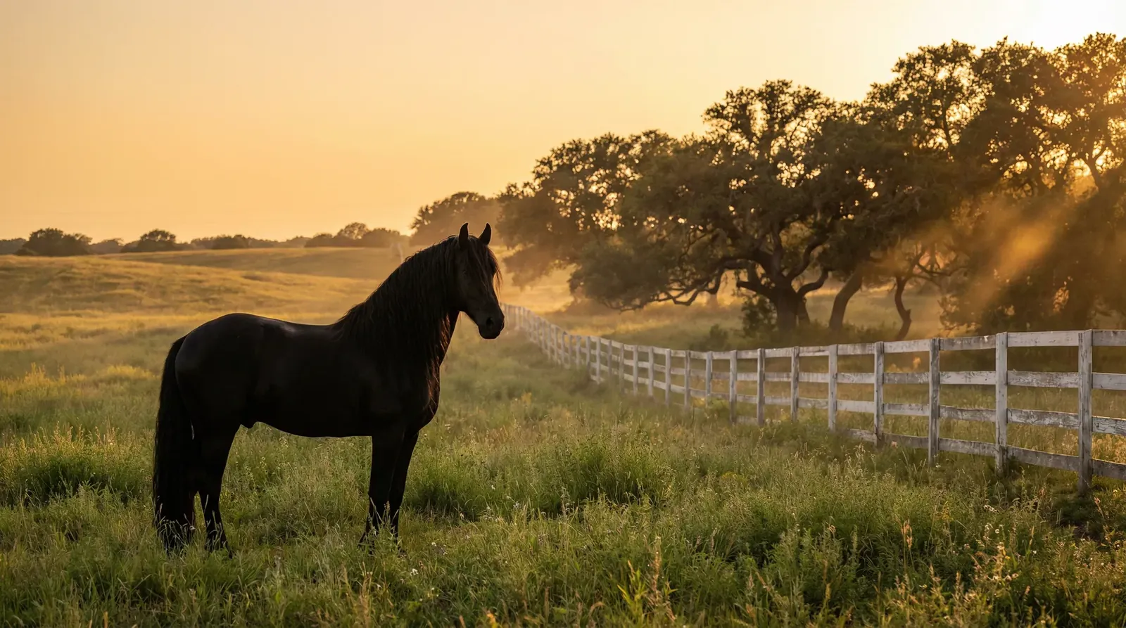A Godoy's Ranch horse standing in a Texas pasture at sunrise